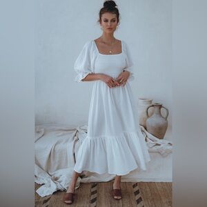 Bali Lane Almeria Smocked Cream Peasant Midi Dress 100% Linen Women's Size Large